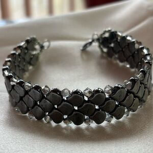 Hand crafted mermaid bracelet metallic black silver Czech crystal 7.5 inches